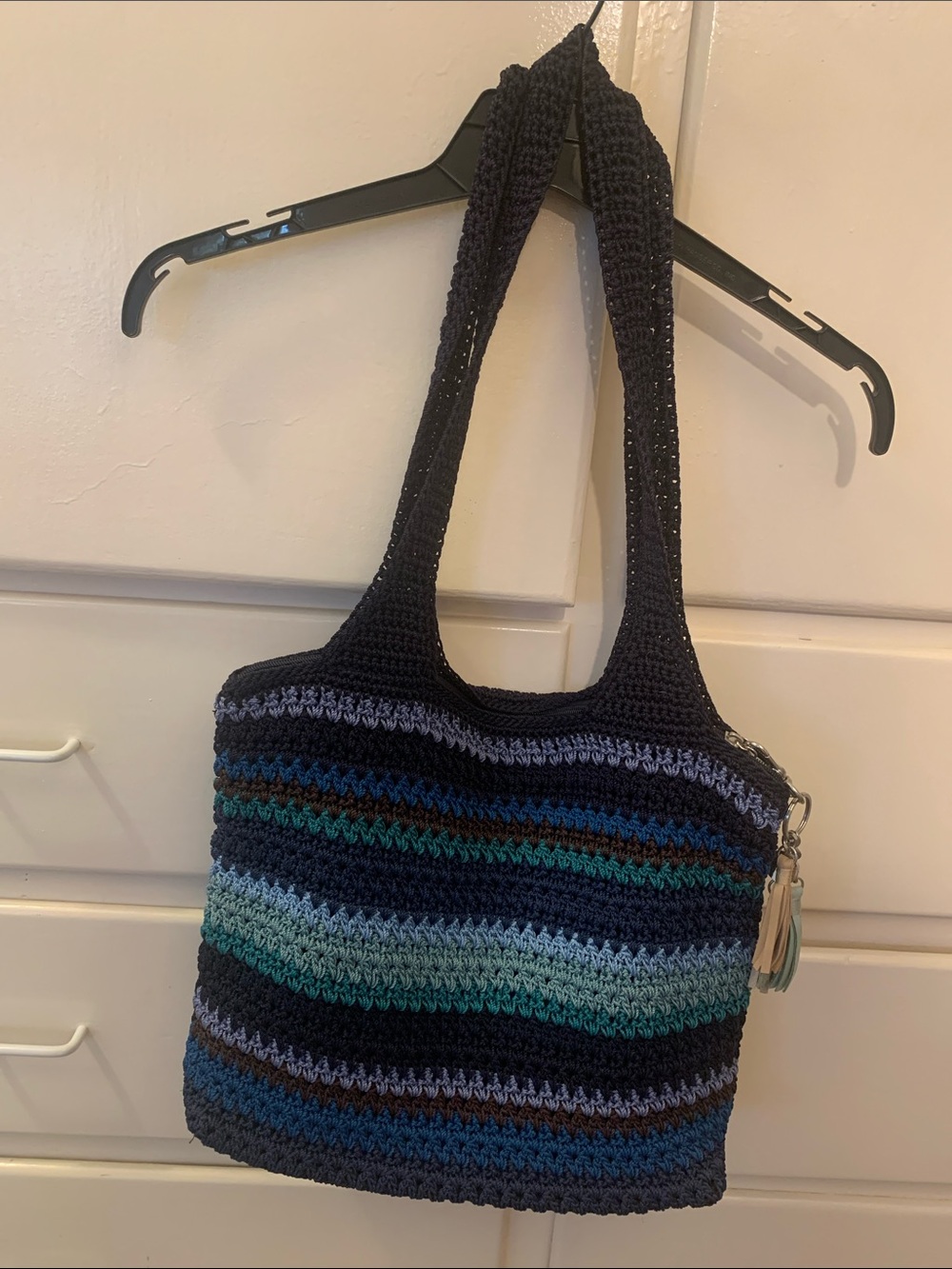 The Sak Navy and Teal Striped Crochet Shoulder Bag